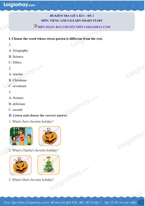 Đề thi giữa kì 1 Tiếng Anh 5 iLearn Smart Start - Đề số 2